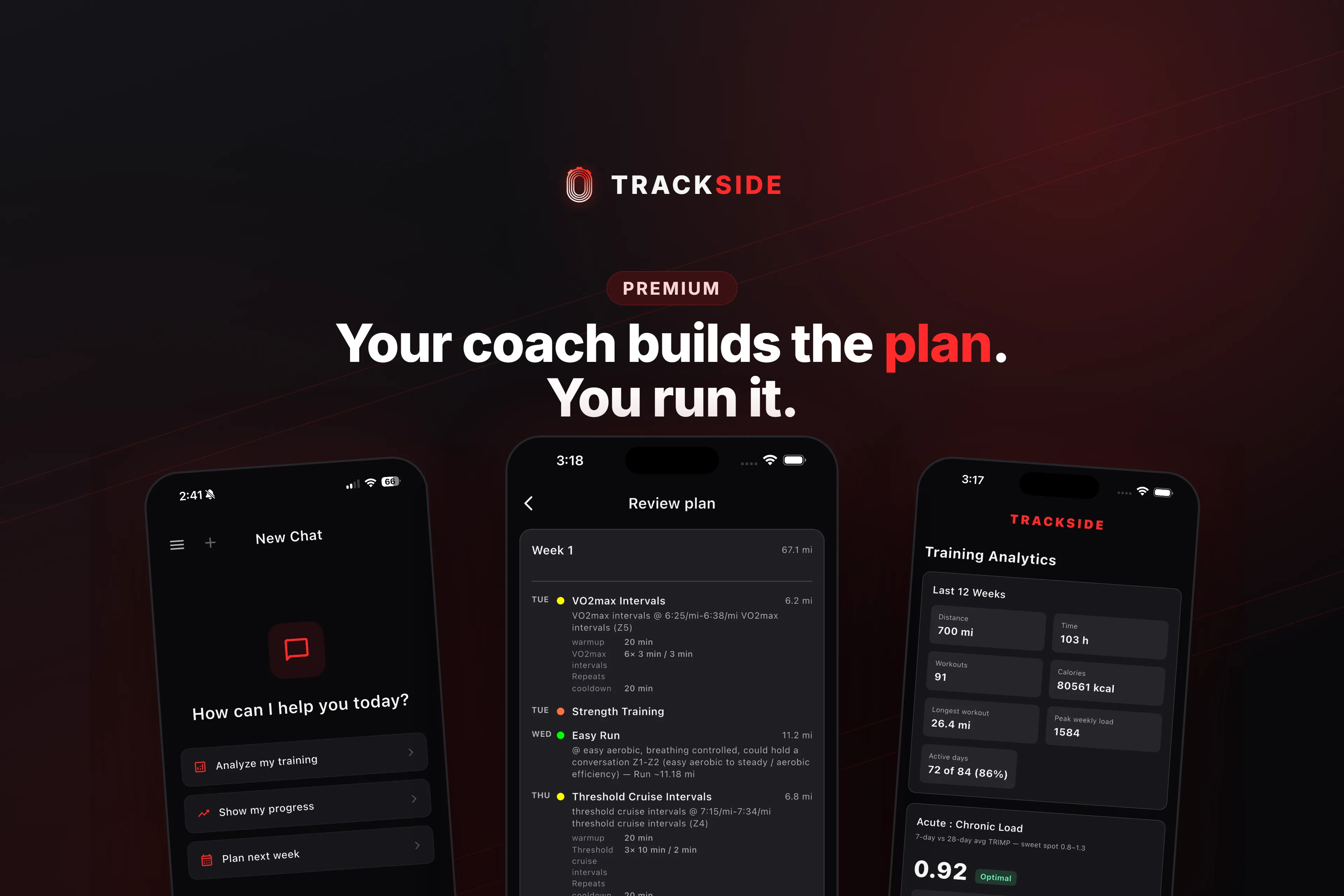 Trackside product artwork showing the coach, a Premium plan review, and training analytics